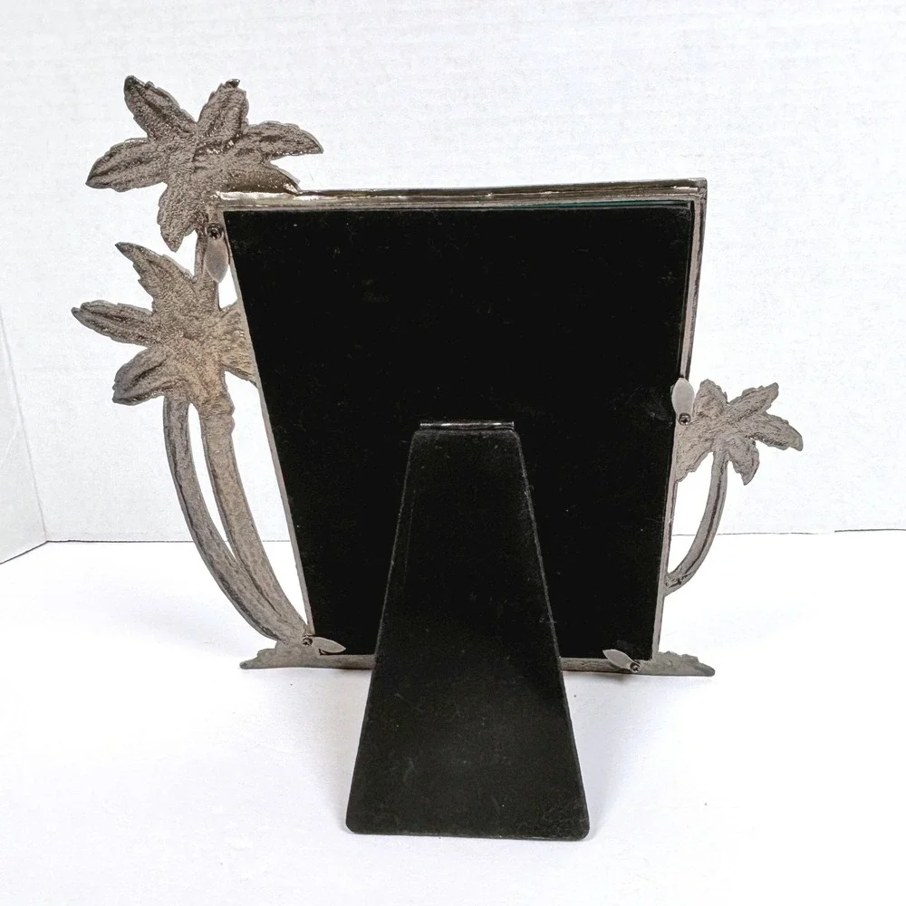 Vtg 90s Pewter Tone Tropical Beach Photo Frame Palm Trees Seashells Coastal 4x6